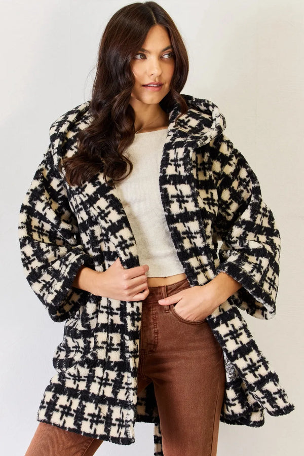 J.NNA Fuzzy Plaid Waist Tie Hooded Robe Cardigan Black - Fashorio