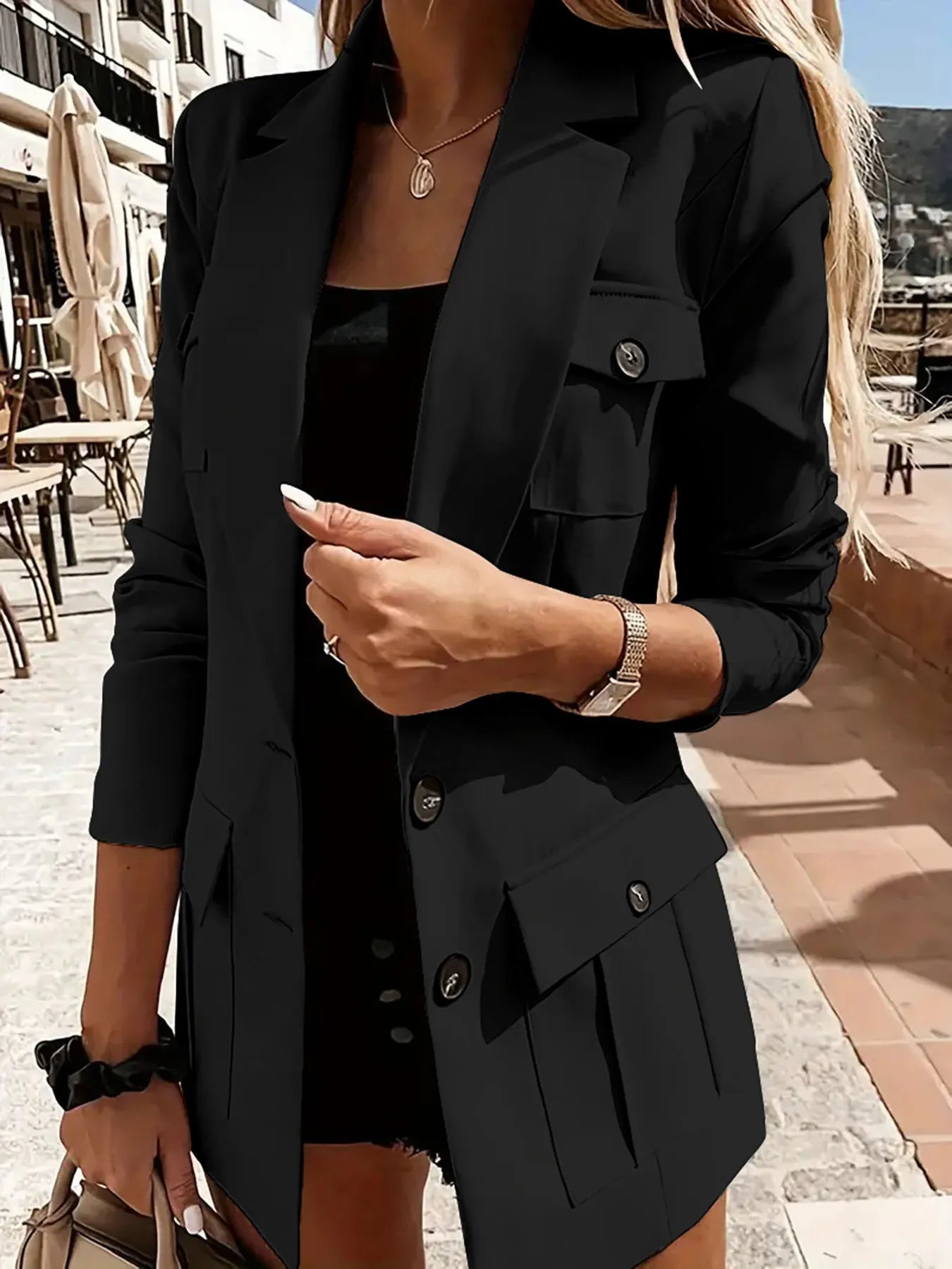 Lapel Collar Long Sleeve Blazer Black - Fashorio
