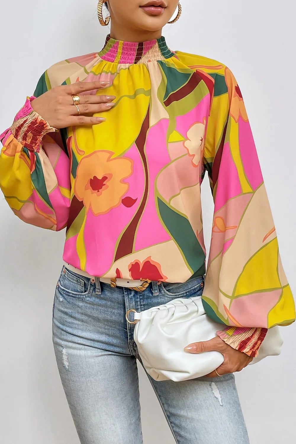 Floral Smocked Lantern Sleeve Mock Neck Blouse - Fashorio