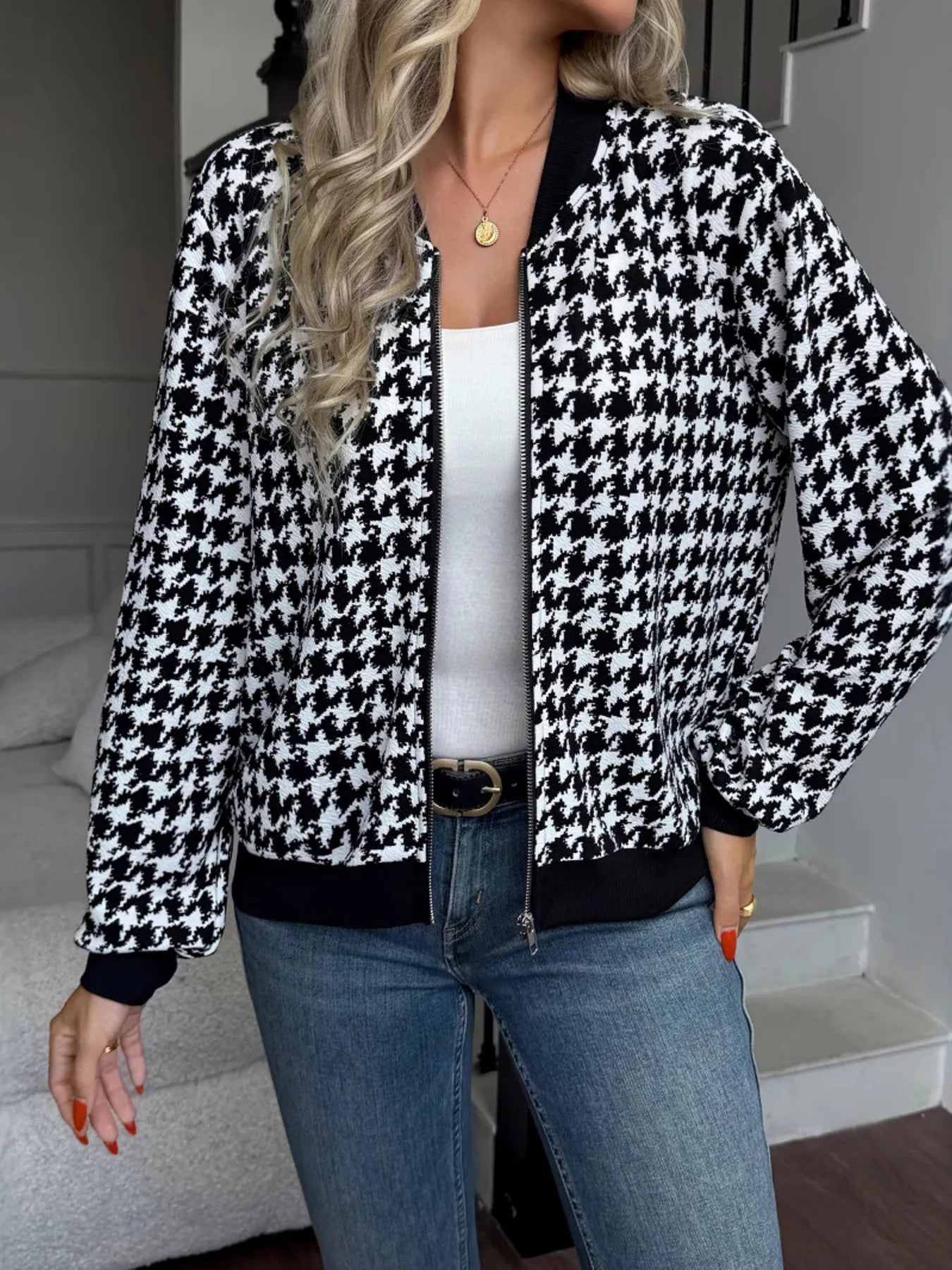 Zip Up Houndstooth Pattern Jacket - Fashorio
