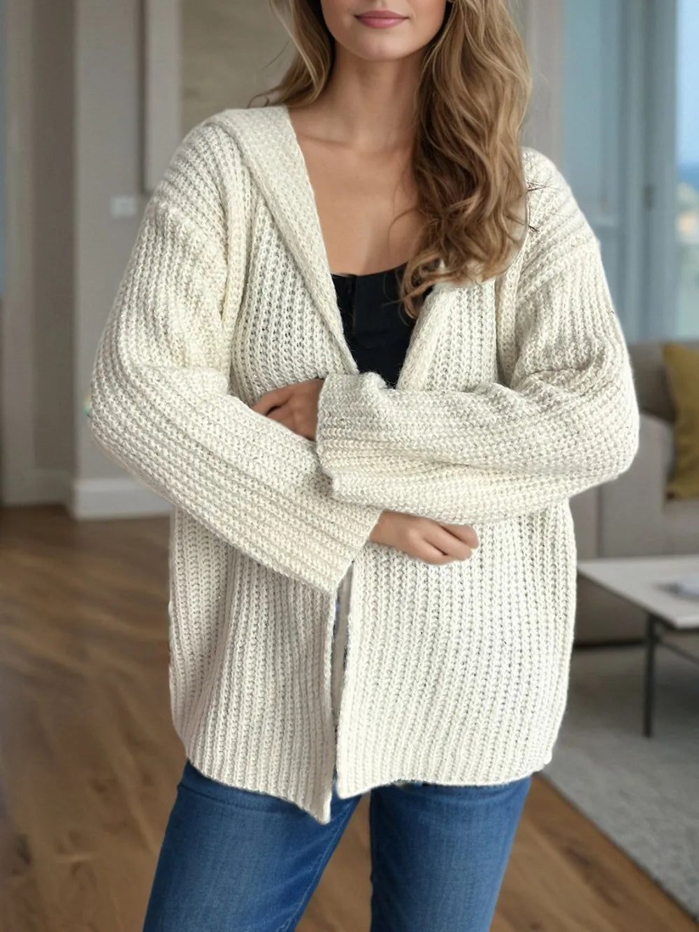 Sequin Detail Long Sleeve Hooded Cardigan - Fashorio