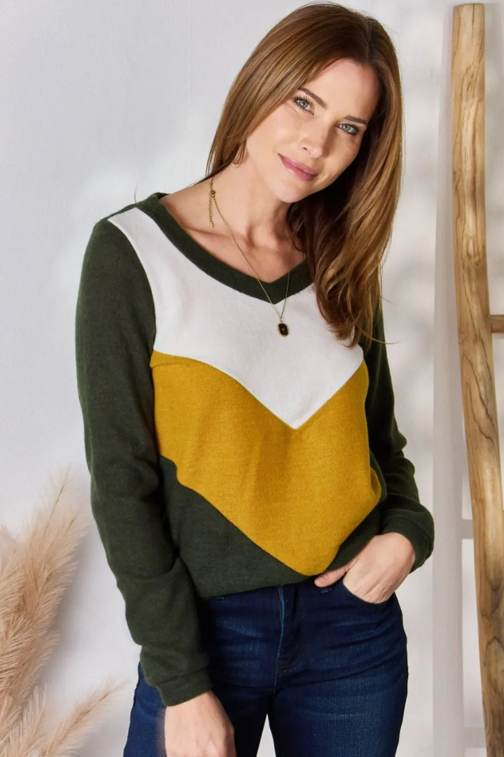 Hailey & Co Full Size Colorblock V-Neck Blouse - Fashorio