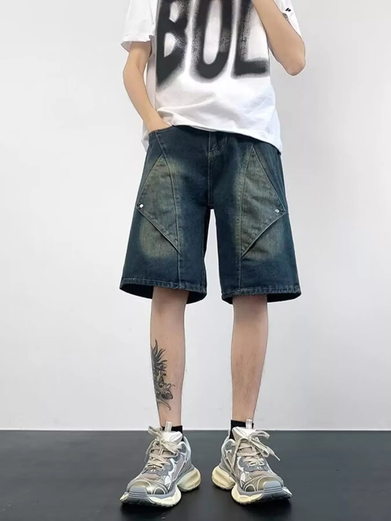 Men's Plus Size Wash Denim Shorts with Pockets Blue - Fashorio