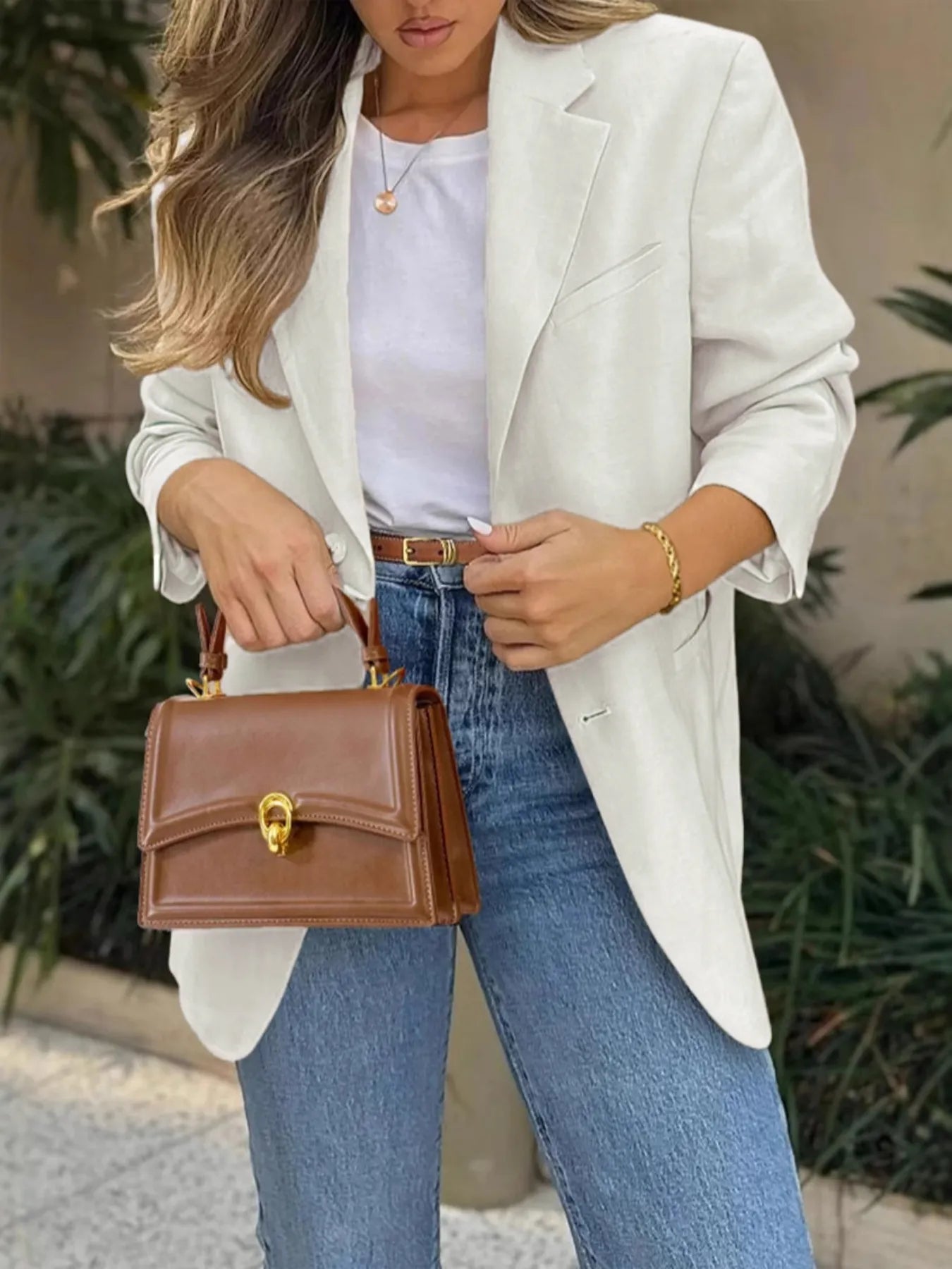 Pocketed Lapel Collar Long Sleeve Blazer - Fashorio