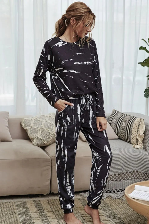 Shiny Tie-Dye Round Neck Top and Drawstring Waist Joggers Lounge Set Black - Fashorio