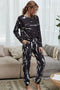 Shiny Tie-Dye Round Neck Top and Drawstring Waist Joggers Lounge Set Black - Fashorio
