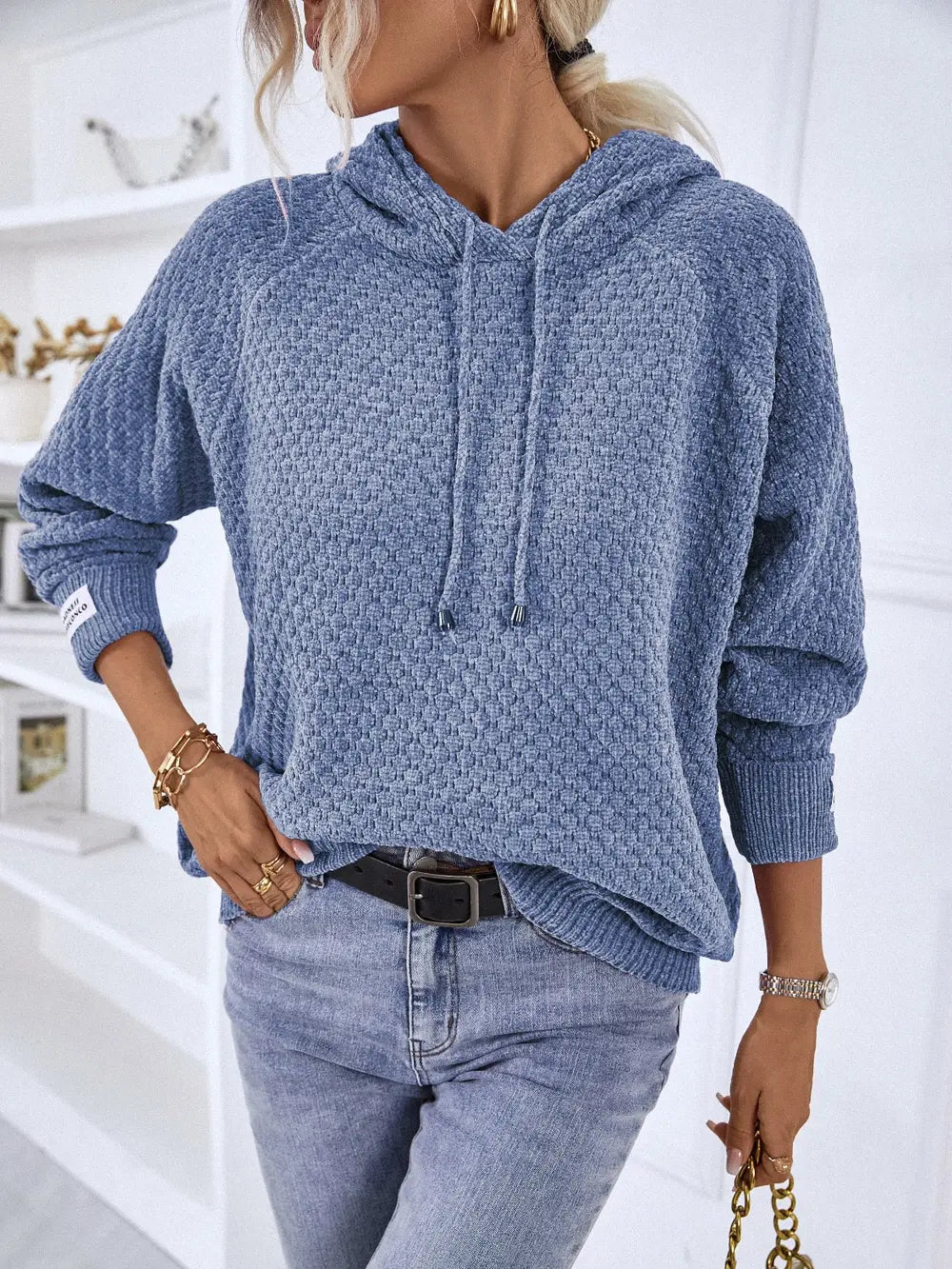 Texture Drawstring Long Sleeve Hooded Sweater French Blue - Fashorio