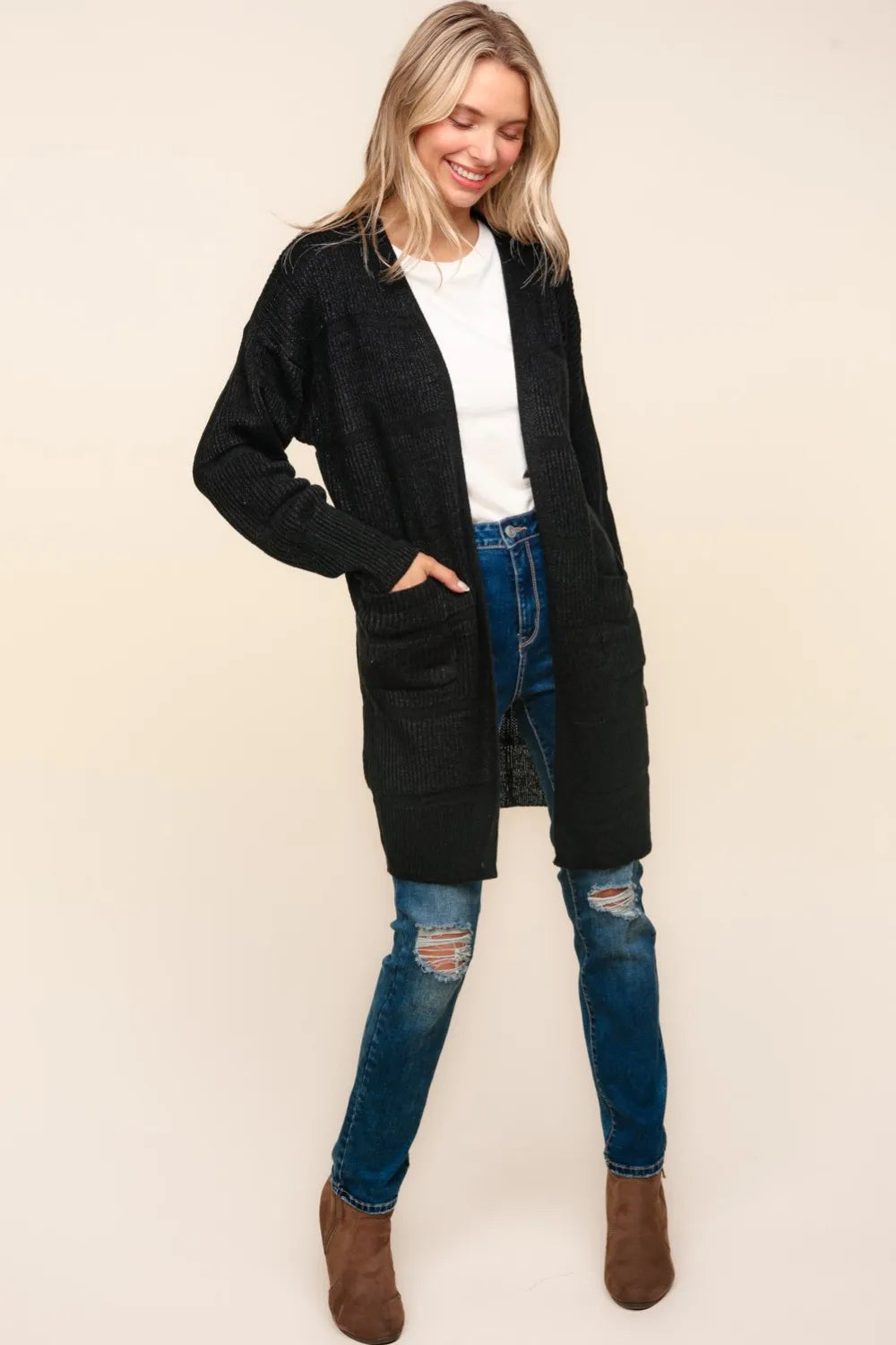 Haptics Stripe Textured Open Front Cardigan with Pockets - Fashorio