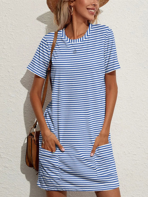 Striped Round Neck Pocket Dress – Casual Short Sleeve Look Blue - Fashorio