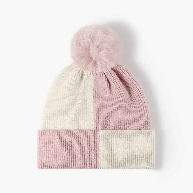 Color Block Knit Hat with Pom-pom Blush Pink One Size - Fashorio