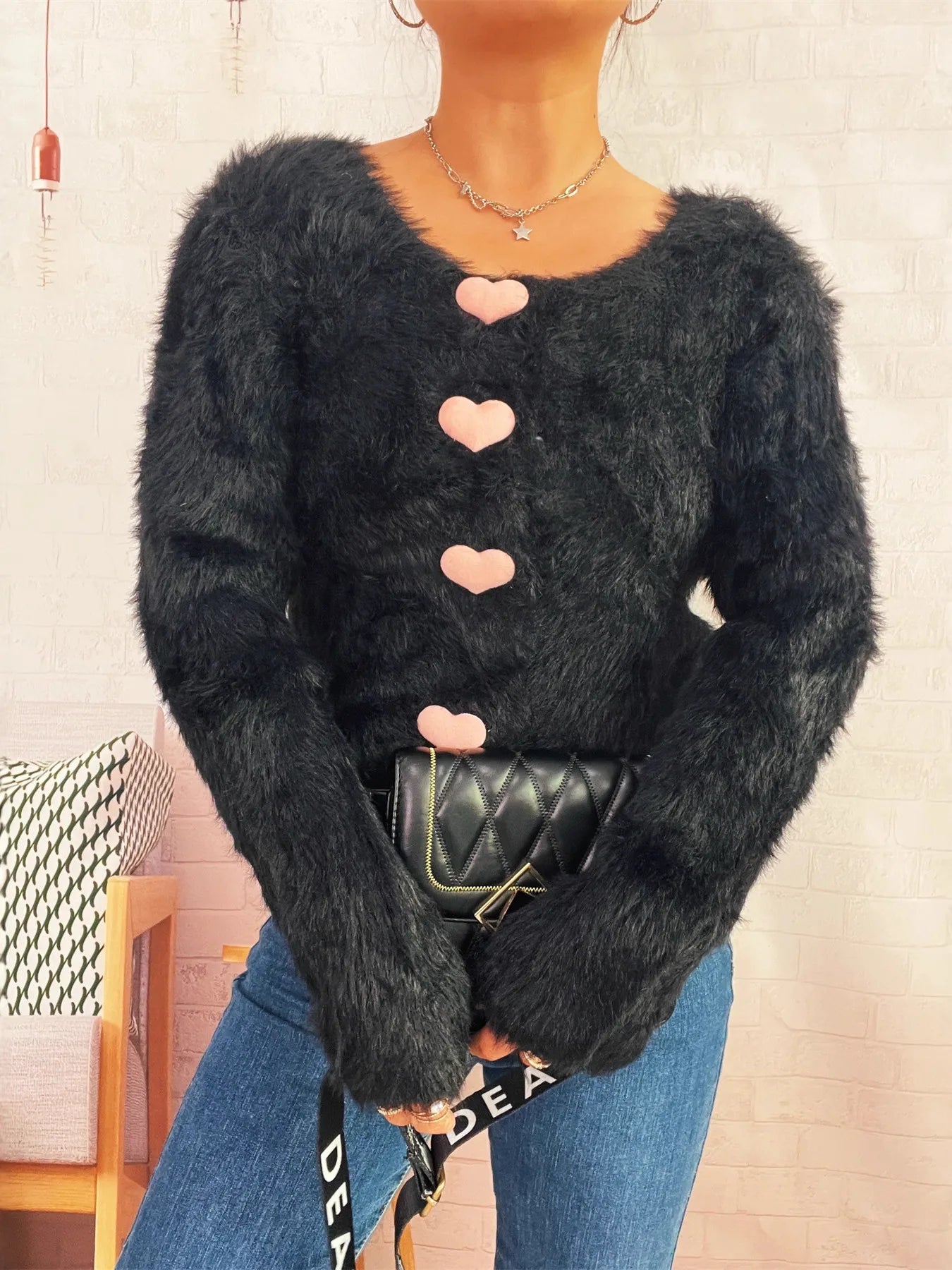 Fuzzy Heart Shape Button-Up Cardigan - Fashorio