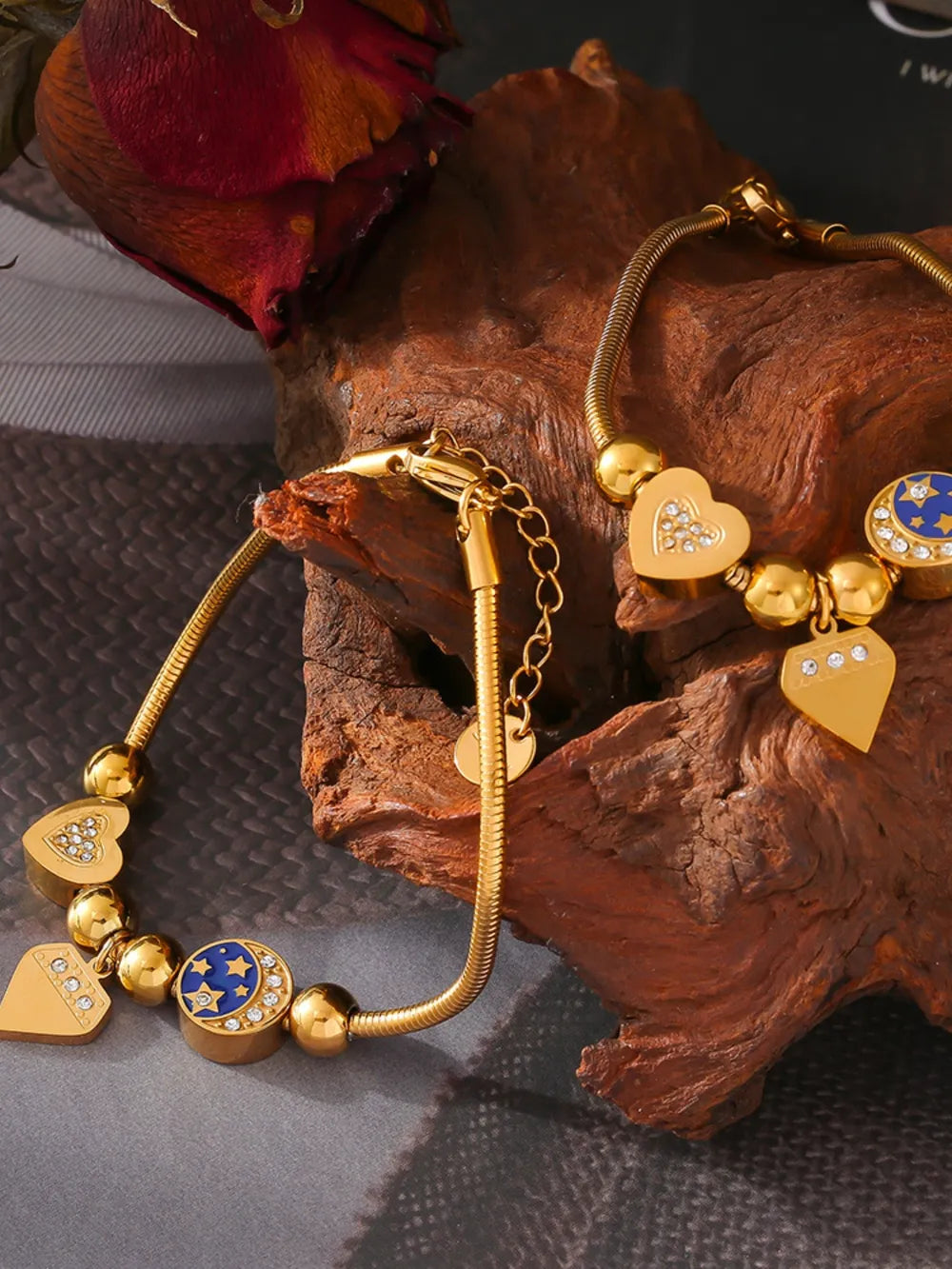 Stainless Steel Rhinestone Charm Bracelet Gold One Size - Fashorio