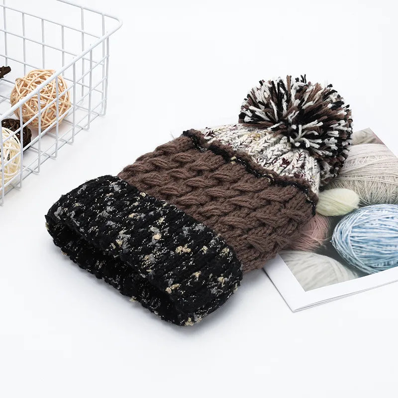 Contrast Thermal Hat with Pompom Brown One Size - Fashorio