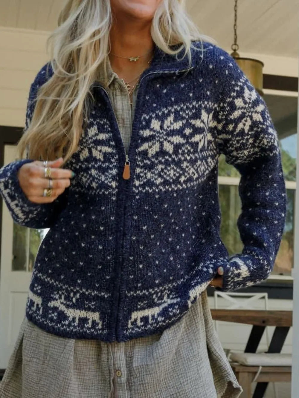 Zip Up Long Sleeve Cardigan Navy - Fashorio
