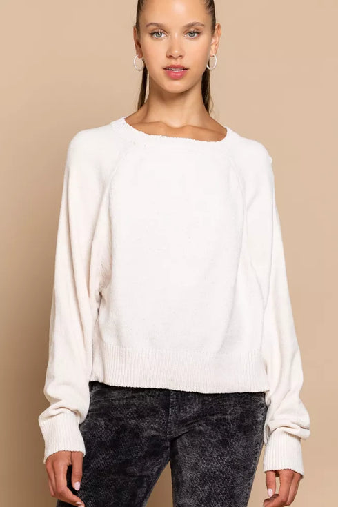 POL Round Neck Backless Sweater with Ribbed Edge Cream - Fashorio