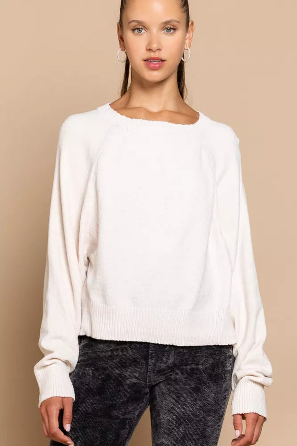 POL Round Neck Backless Sweater with Ribbed Edge Cream - Fashorio