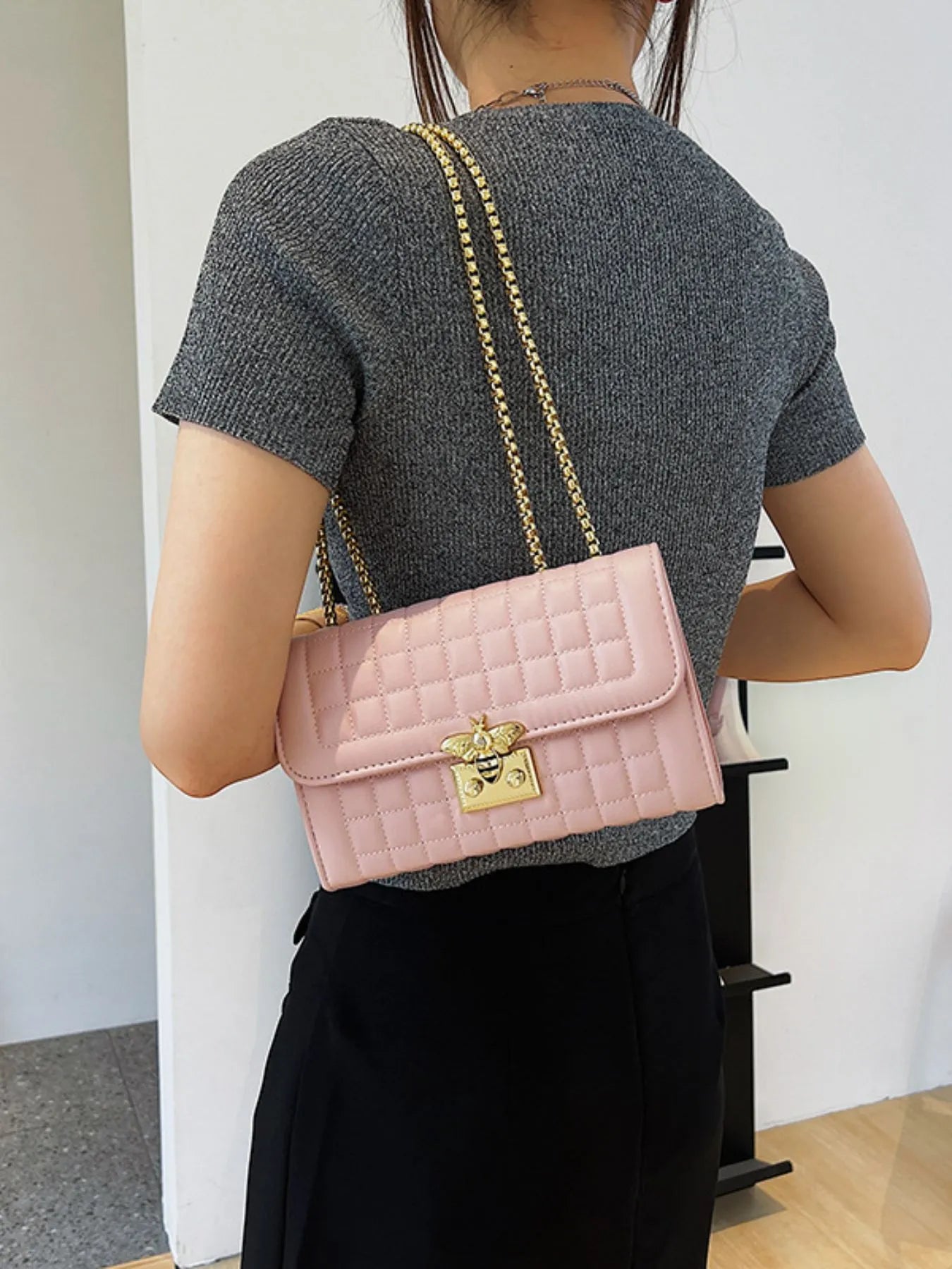 Quilted Chain Shoulder Bag Pink One Size - Fashorio