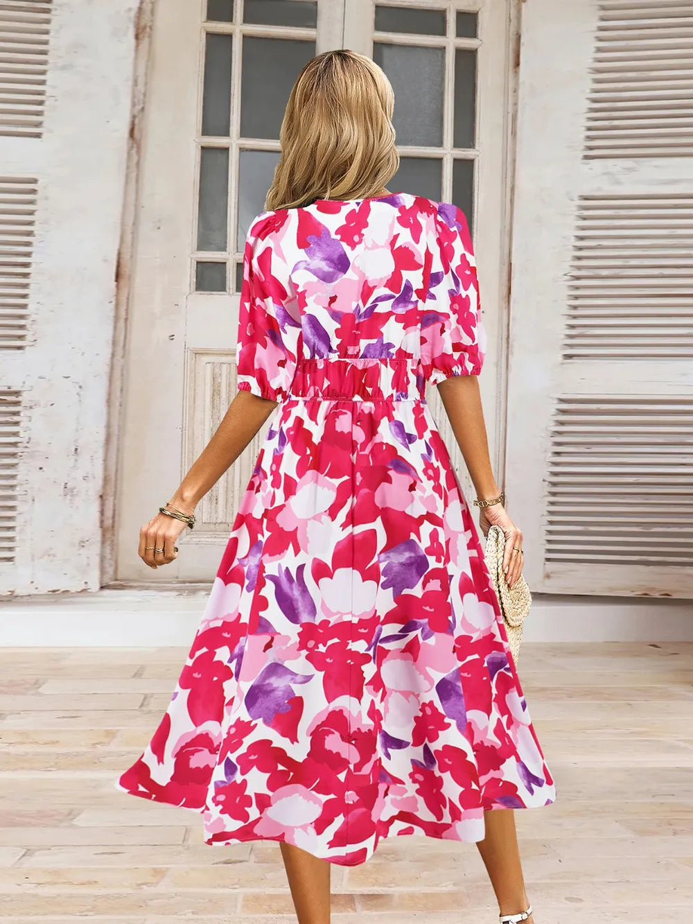 Ruched Printed Surplice Short Sleeve Dress - Fashorio