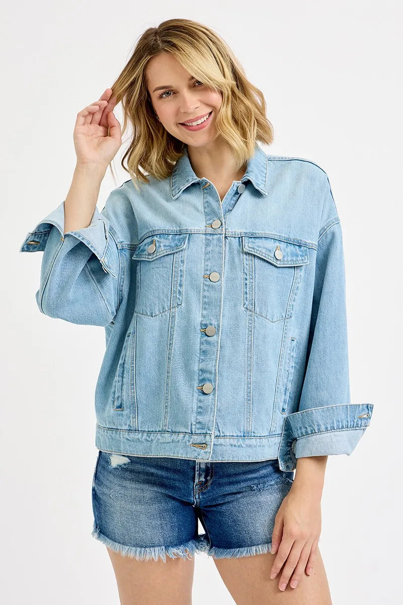 RISEN Washed Dropped Shoulder Denim Jacket - Fashorio