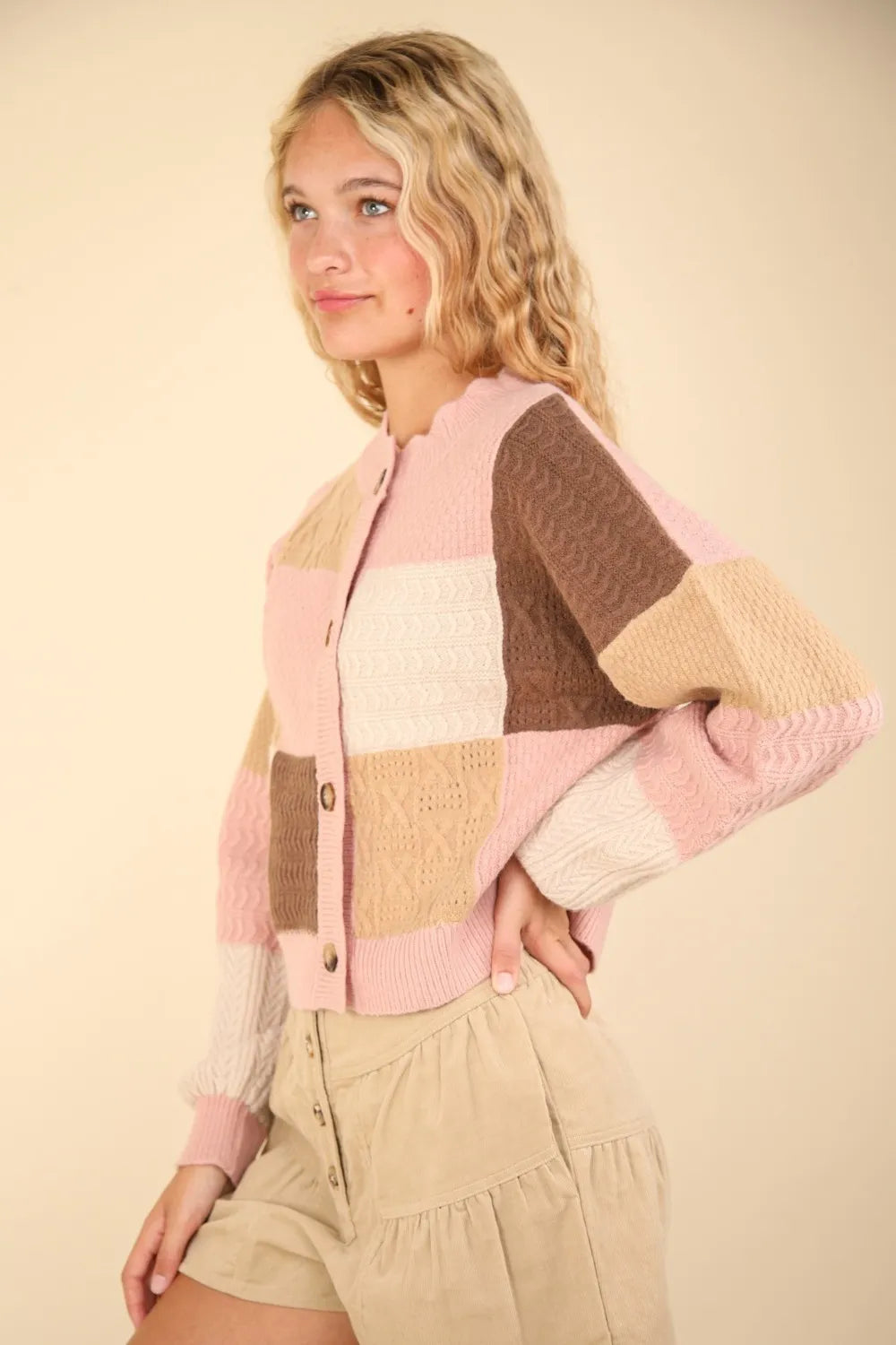 VERY J Color Block Button Down Textured Sweater Cardigan - Fashorio