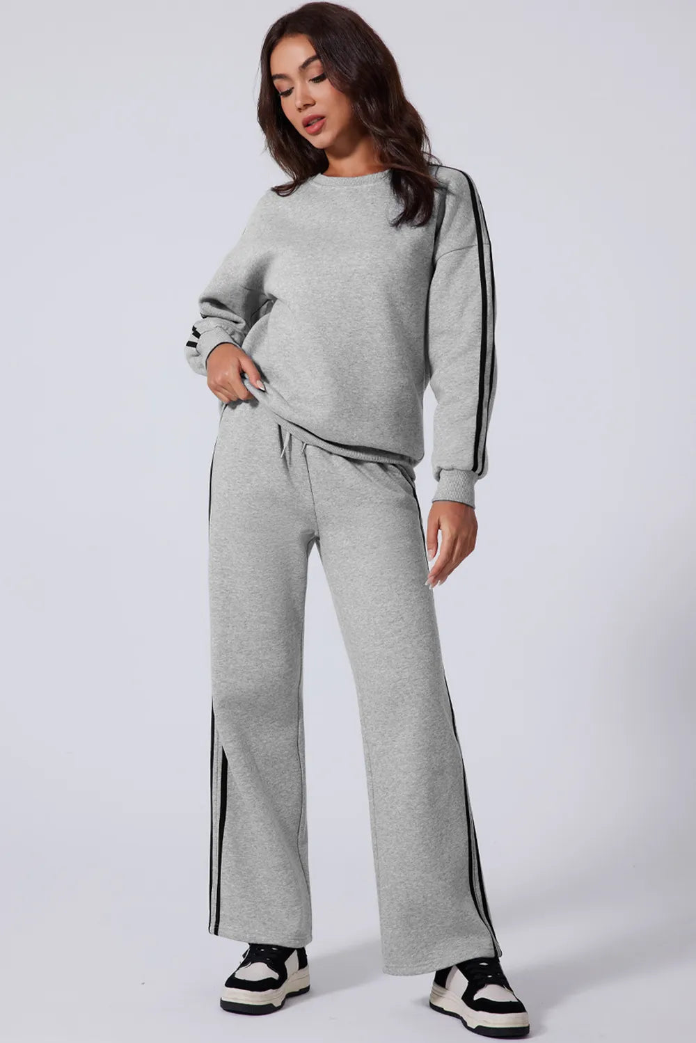 Side Striped Round Neck Top and Pants Active Set - Fashorio