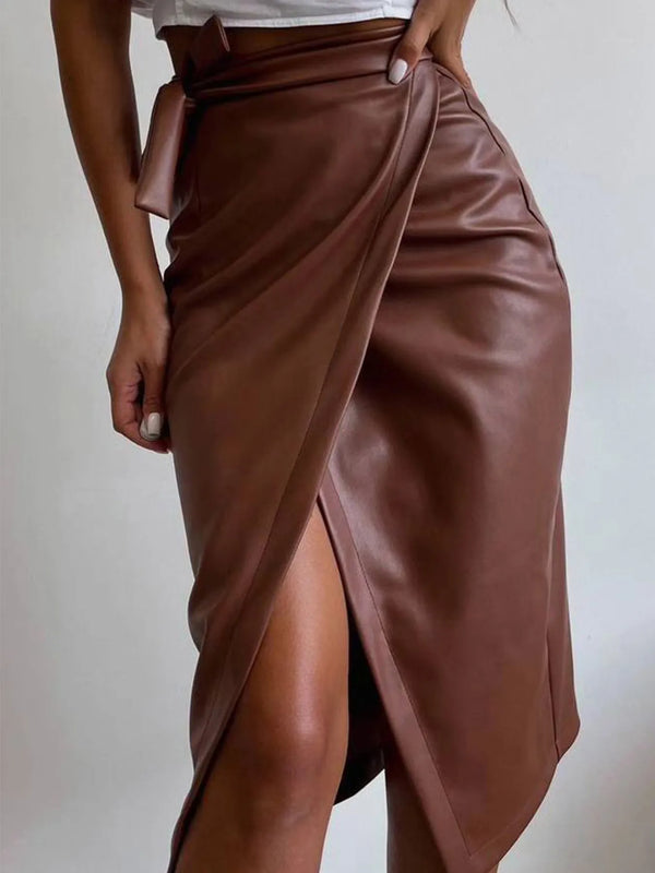 Slit Leather Midi Skirt Coffee Brown - Fashorio