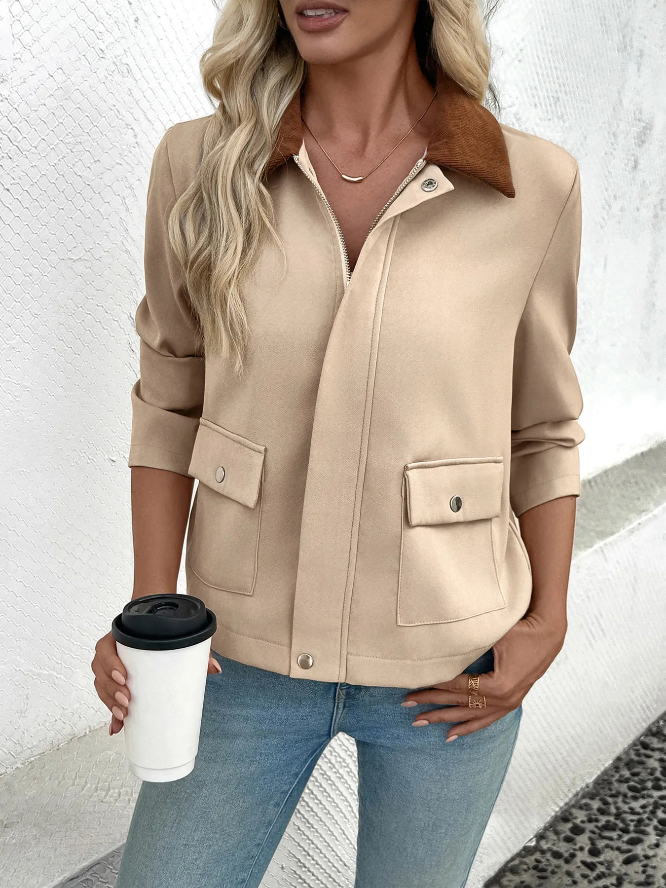 Zip-Up Long Sleeve Jacket with Buttons and Pockets - Fashorio