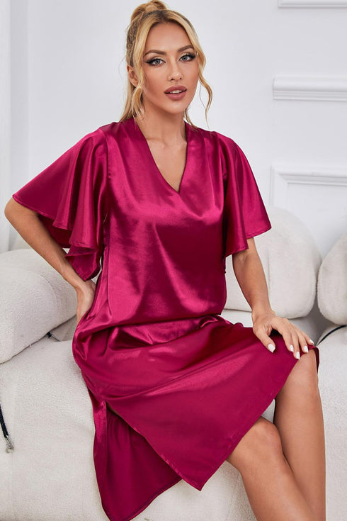 Satin Flutter Sleeve Side Slit V-Neck Night Dress - Fashorio