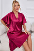 Satin Flutter Sleeve Side Slit V-Neck Night Dress - Fashorio