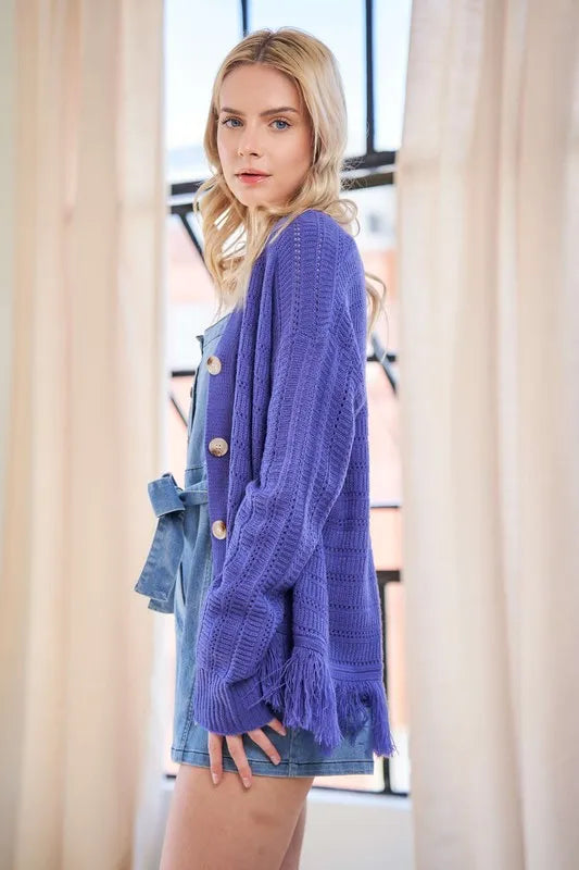 Davi & Dani Fringe V-Neck Button Up Long Sleeve Cardigan - Fashorio