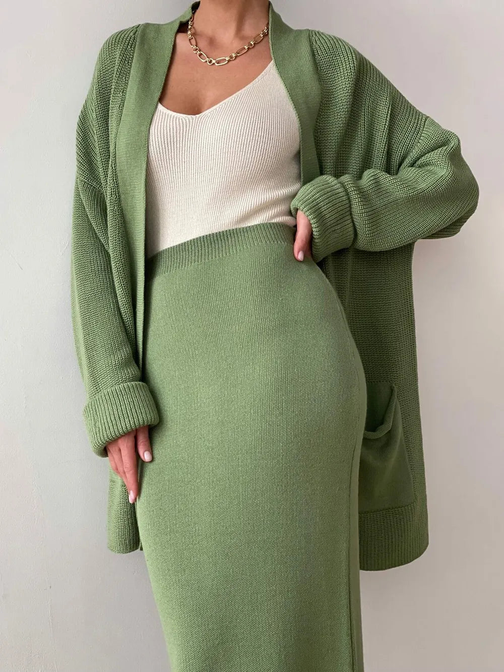 Pocketed Long Sleeve Cardigan and Skirt Sweater Set Gum Leaf One Size - Fashorio