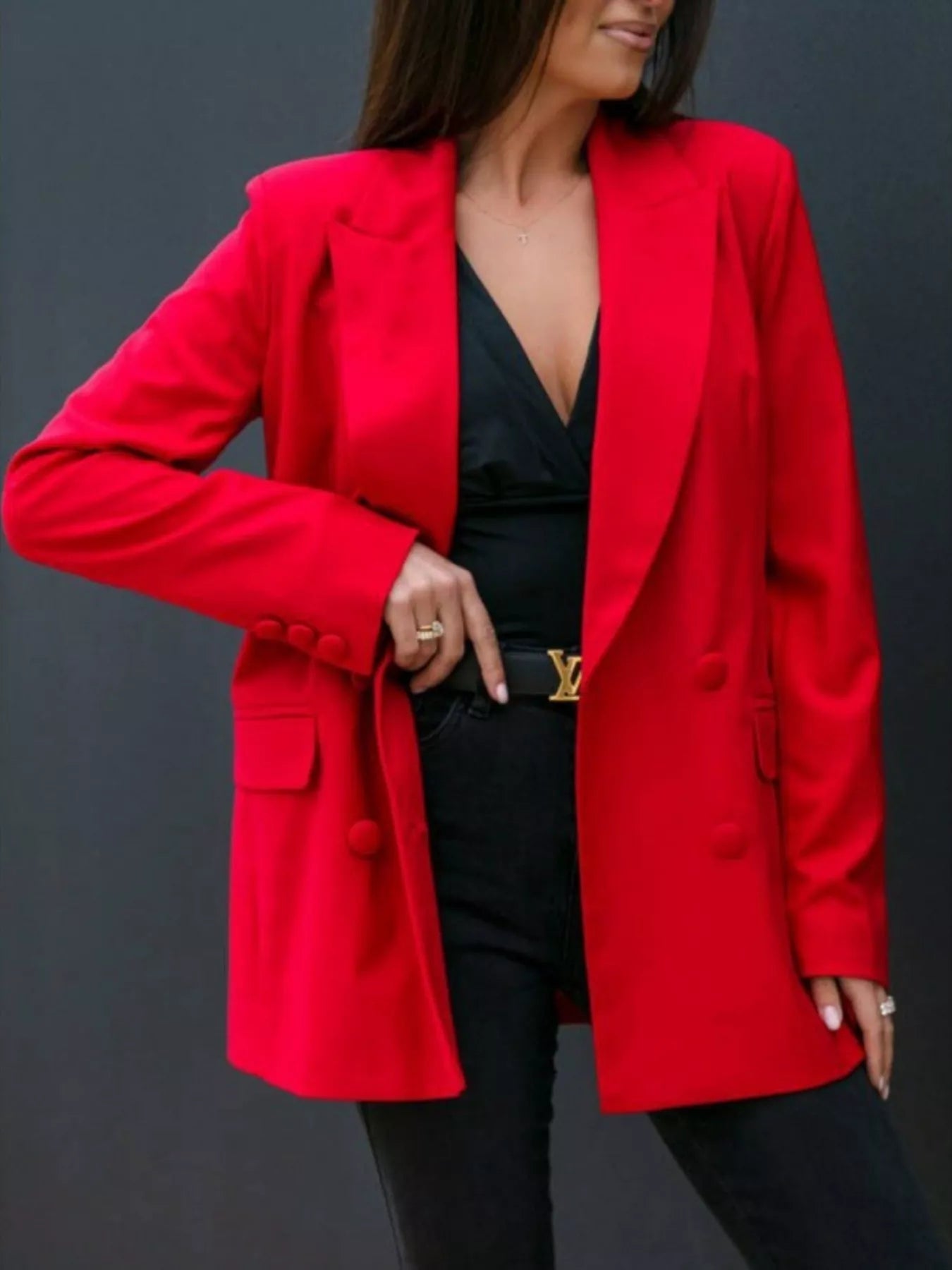 Lapel Collar Long Sleeve Blazer Red - Fashorio