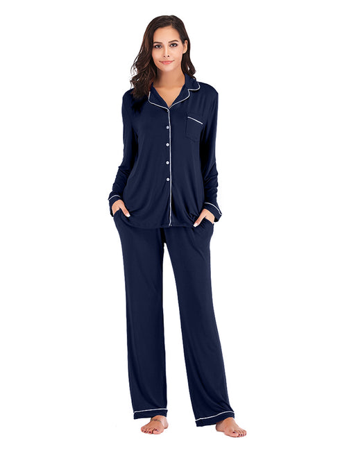 Collared Neck Long Sleeve Loungewear Set with Pockets - Fashorio
