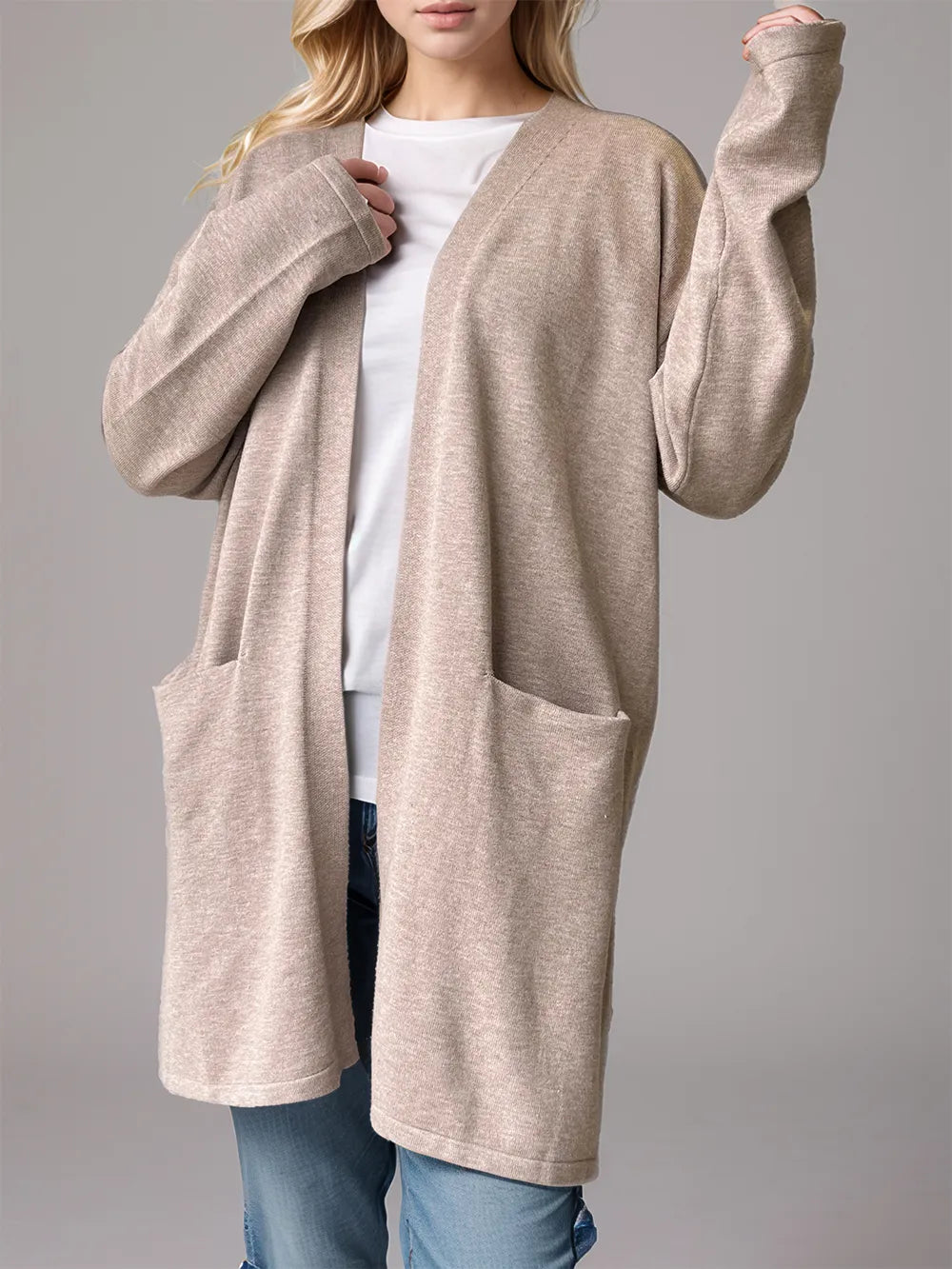 Open Front Long Sleeve Cardigan with Pockets - Fashorio