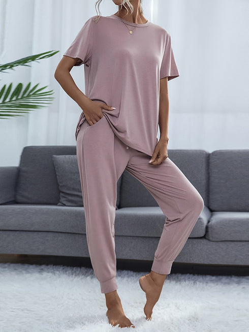 Shiny Round Neck Short Sleeve Top and Pants Set Lilac - Fashorio