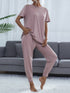 Shiny Round Neck Short Sleeve Top and Pants Set Lilac - Fashorio