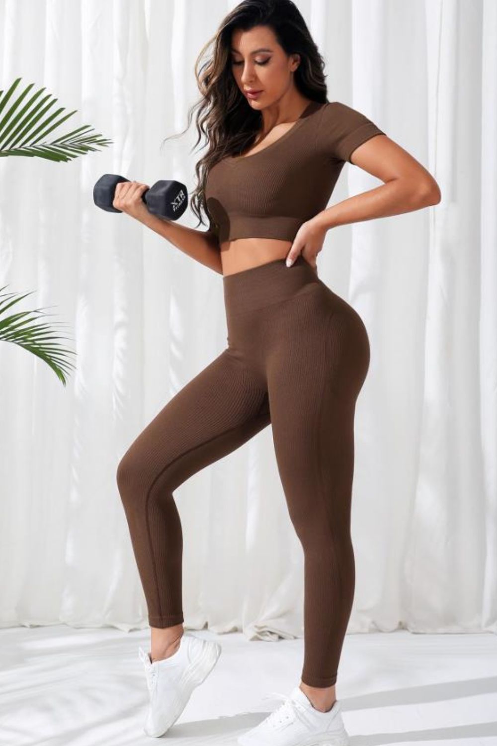 V-Neck Crop Top and High Waistband Long Active Pants - Fashorio