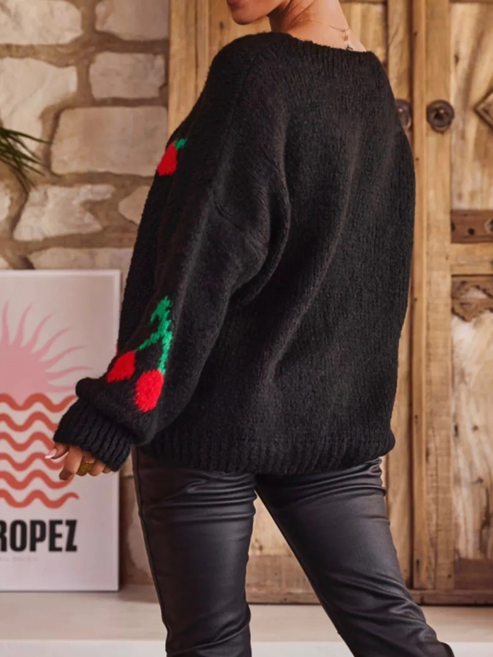 Tied Cherry Round Neck Long Sleeve Cardigan - Fashorio