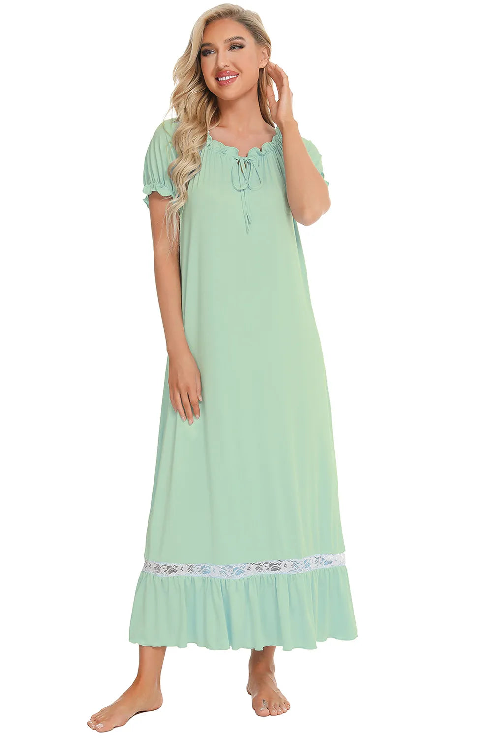 Lace Detail Short Sleeve Lounge Dress - Fashorio