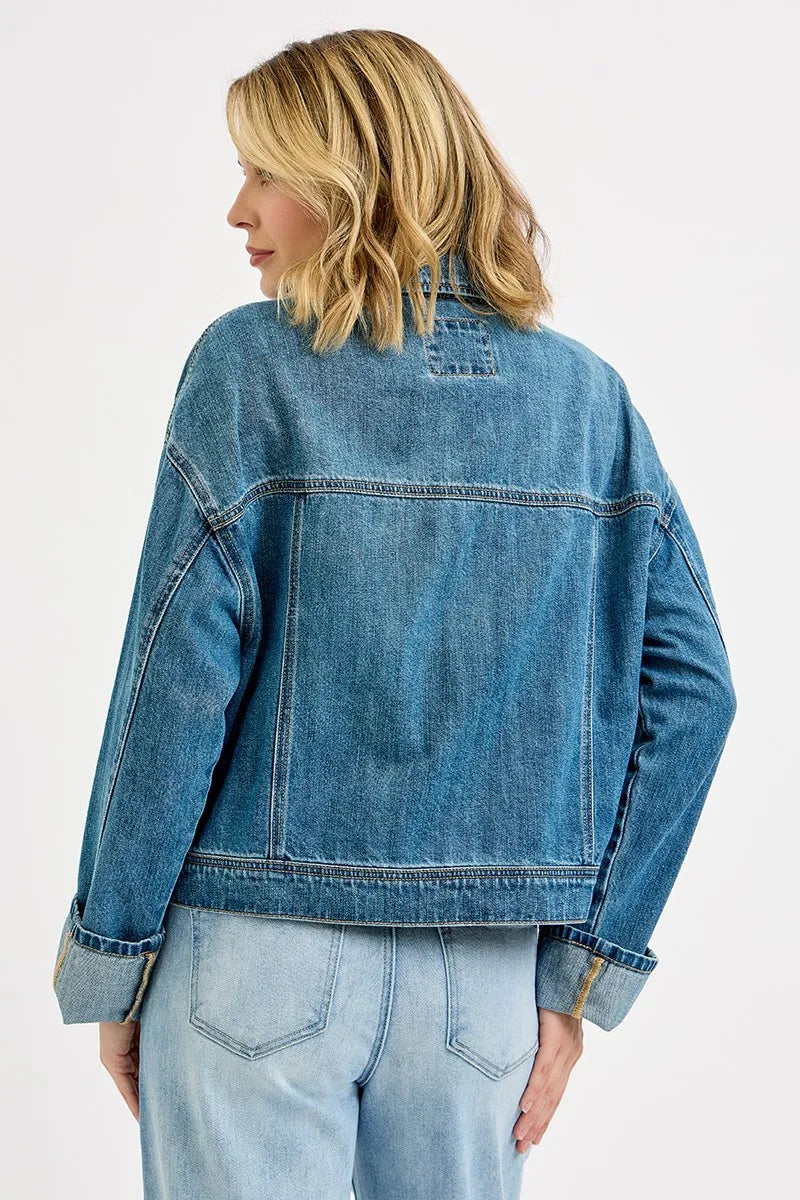 RISEN Oversized Cargo Pocket Denim Jacket with Cuffed Sleeves - Fashorio