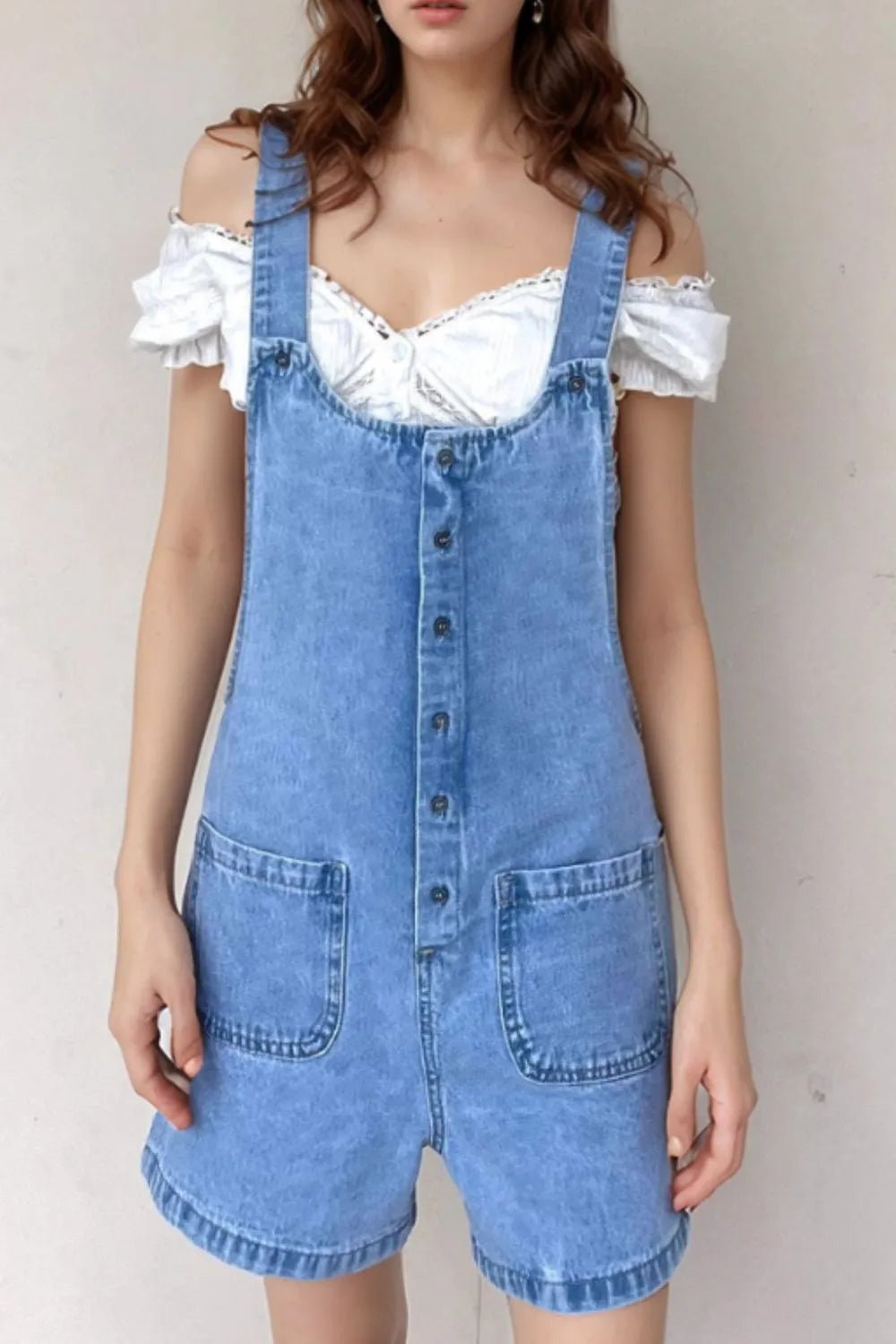 Button Front Denim Overall Shorts with Front Pockets - Fashorio