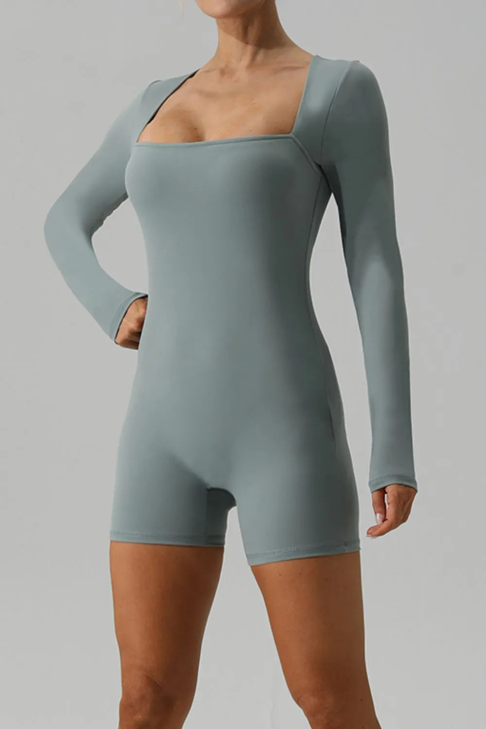 Square Neck Long Sleeve Active Romper Light Green - Fashorio