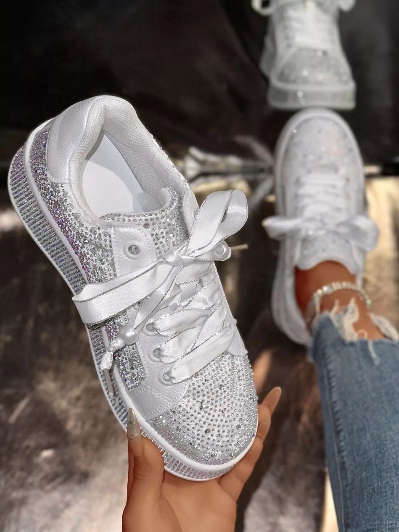 Round Toe Rhinestone Sneakers - Fashorio