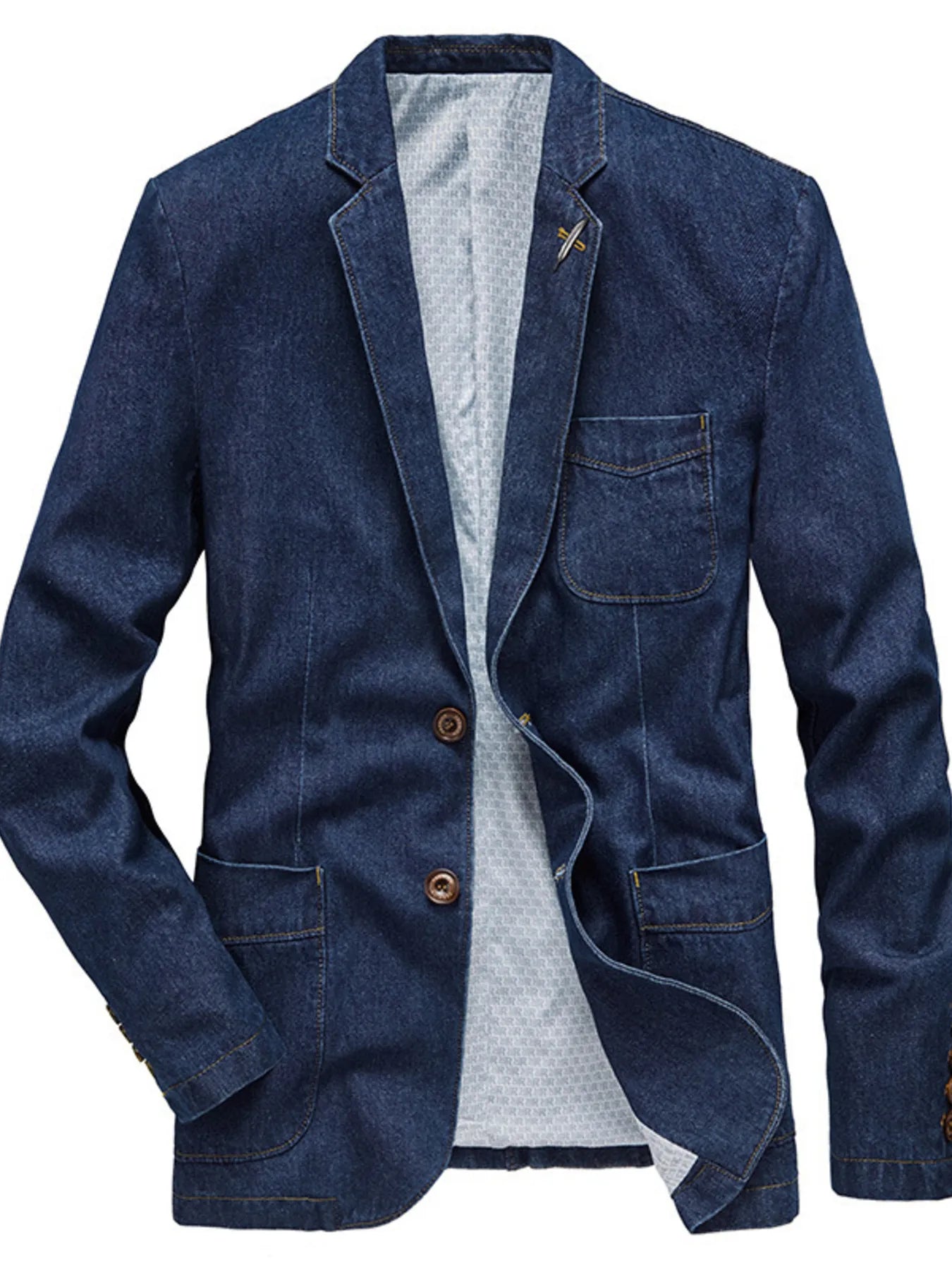 Men's Plus Size Lapel Collar Long Sleeve Denim Blazer Denim Blue - Fashorio