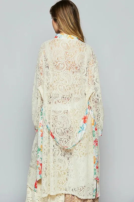 POL Floral Trim Lace Open Front Longline Cardigan - Fashorio
