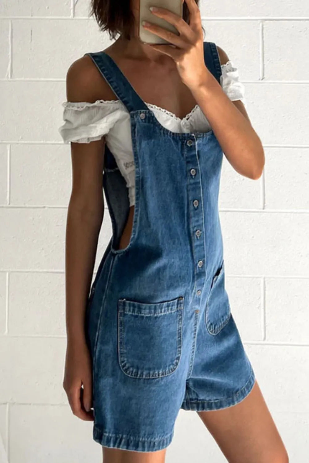 Button Front Denim Overall Shorts with Front Pockets Navy - Fashorio