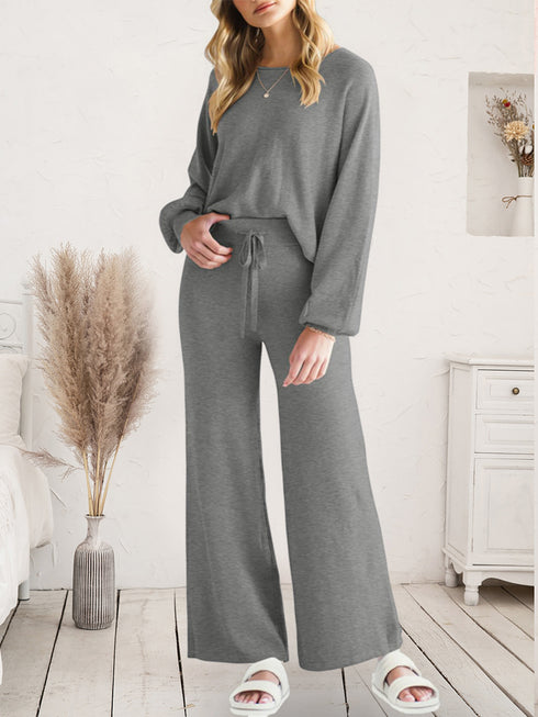Long Sleeve Lounge Top and Drawstring Pants Set Dark Gray - Fashorio