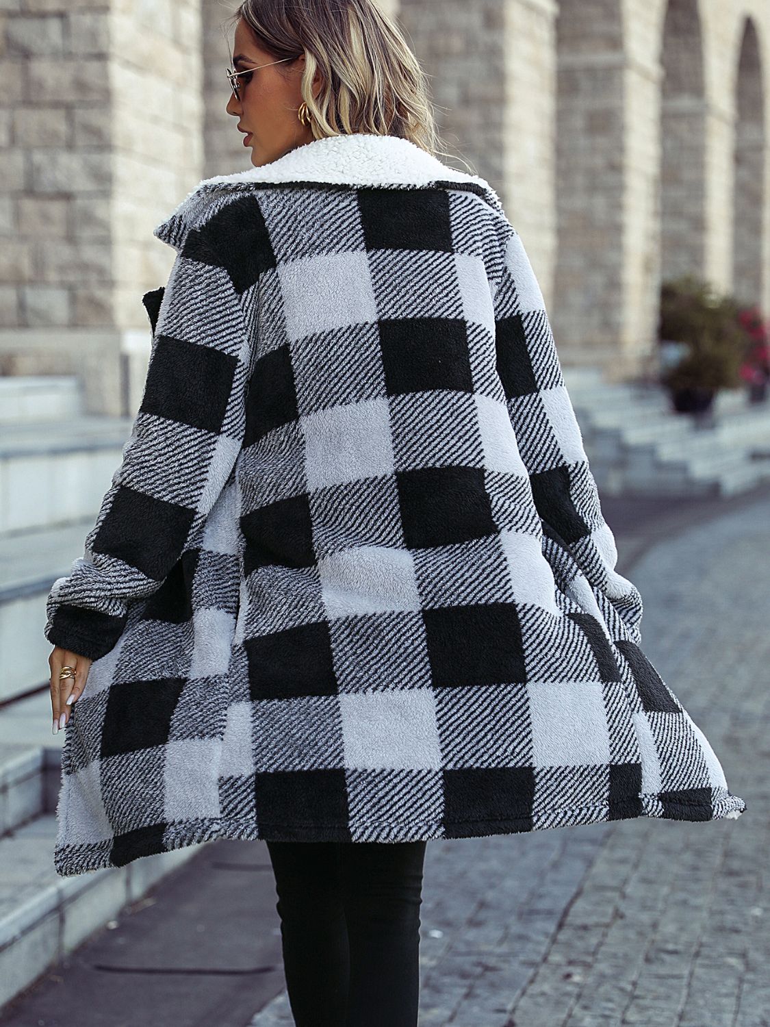 Plaid Open Front Coat with Pockets - Fashorio