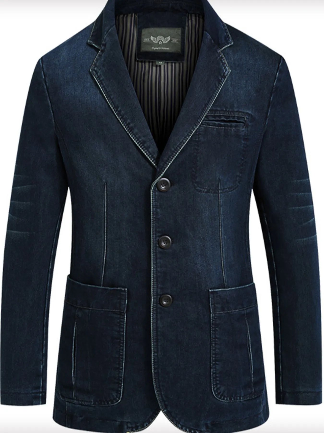 Men's Plus Size Single-Breasted Denim Blazer Jacket Dark Blue - Fashorio