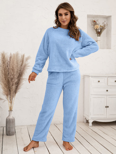 Ivy Lane Teddy Long Sleeve Top and Pants Lounge Set Light Blue - Fashorio